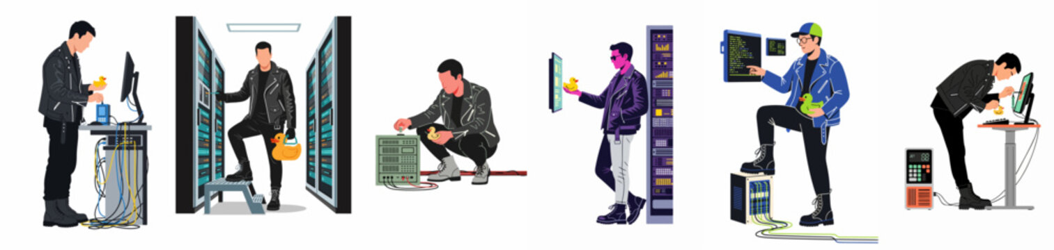 Flat Vector Illustration Set of a Stylish IT Specialist Debugging and Managing Servers in a Data Center with a Rubber Duck