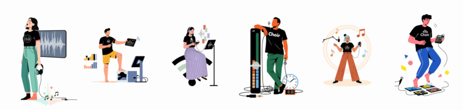 Diverse group of people participating in a digital choir using modern technology for music production and performance in a stylized vector illustration.