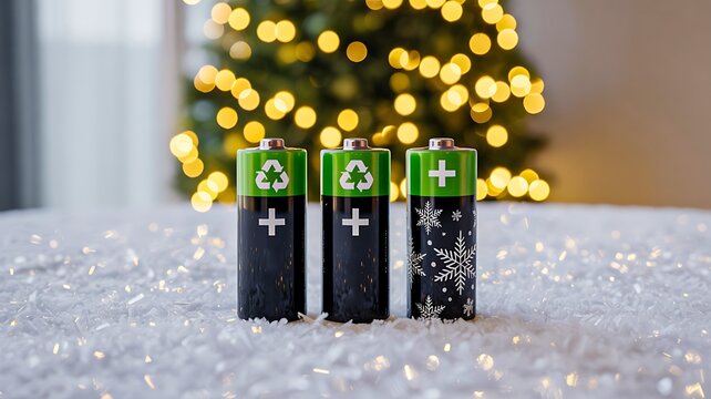 Rechargeable batteries with recycling symbol in snow and christmas lights representing sustainable energy concept