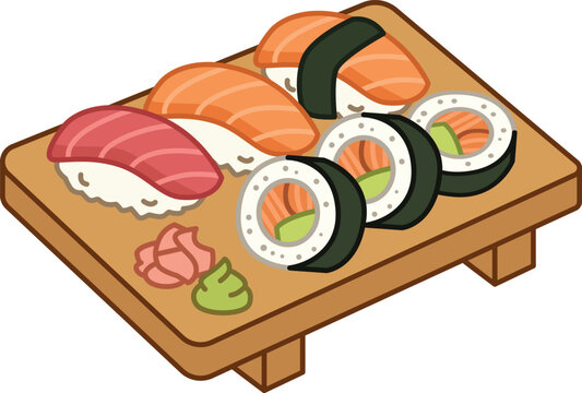 Assorted sushi platter with salmon nigiri, tuna nigiri, and maki rolls served on a wooden geta board with ginger and wasabi cartoon illustration