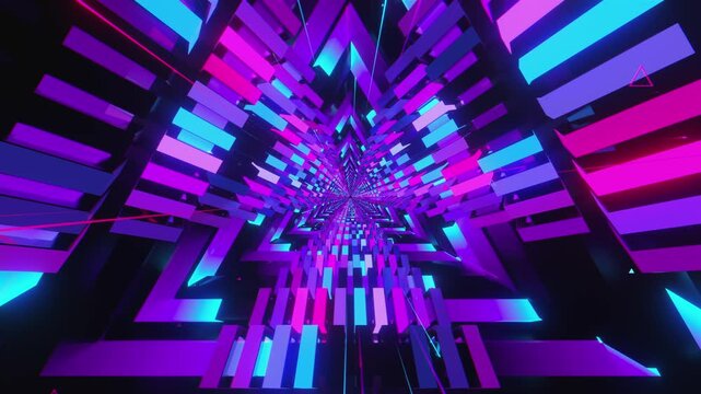 Hypnotic 4k seamless VJ loop of a futuristic triangle tunnel. Abstract data vortex made of glowing blocks and digital structures, for stage screens and techno music events