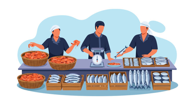Professional fishmongers at a busy market stall selling a wide variety of fresh fish, shrimp, and shellfish to customers in a clean stall.