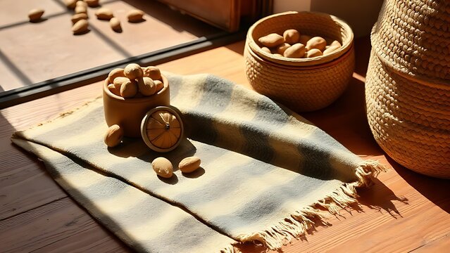 shea. Mud cloth fabric with shea nuts and woven basket, West African craft and natural decor. event programs, museum guides, designed for cultural heritage projects and event programs.