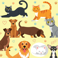 Fototapeta premium A collection of cartoon pets on yellow