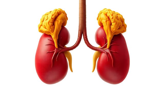 adrenal. Medical illustration of golden adrenal glands atop red kidneys with detailed vascular network. STEM education sheets.