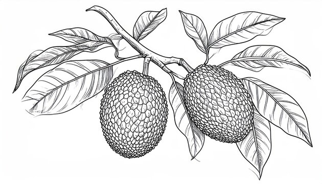Botanical ink drawing of tropical breadfruit on a leafy branch