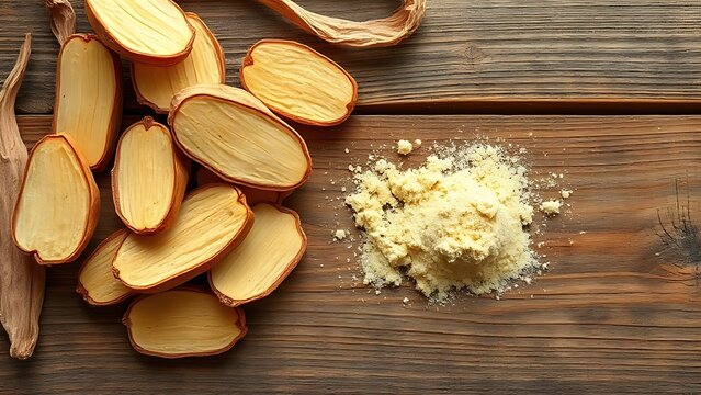maca. Dried root slices and powder arranged on a rustic wooden table. gardening catalogs, home-decor guides, designed for gardening and botanical catalogs, celebrates nature.