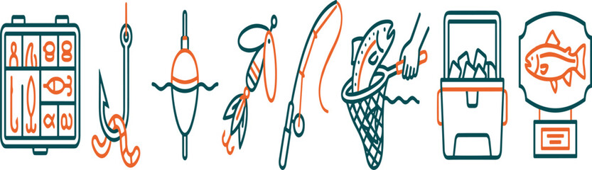 Outdoor Fishing Gear and Equipment Line Icon Set Featuring Tackle Box Hook Worm Bobber Lure Rod Landing Net Cooler and Trophy Fish Elements © EdGe Creative