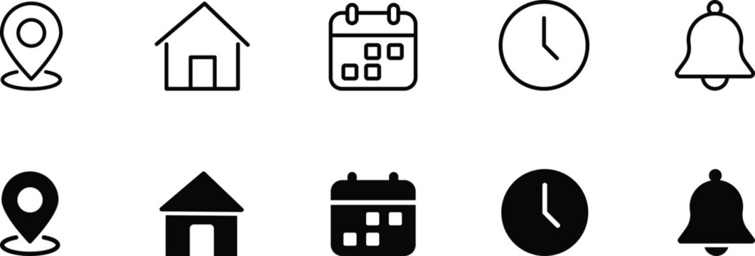 Web navigation icon set showing professional interface dashboard collection with map pin home house building calendar grid schedule clock watch time and notification alarm bell