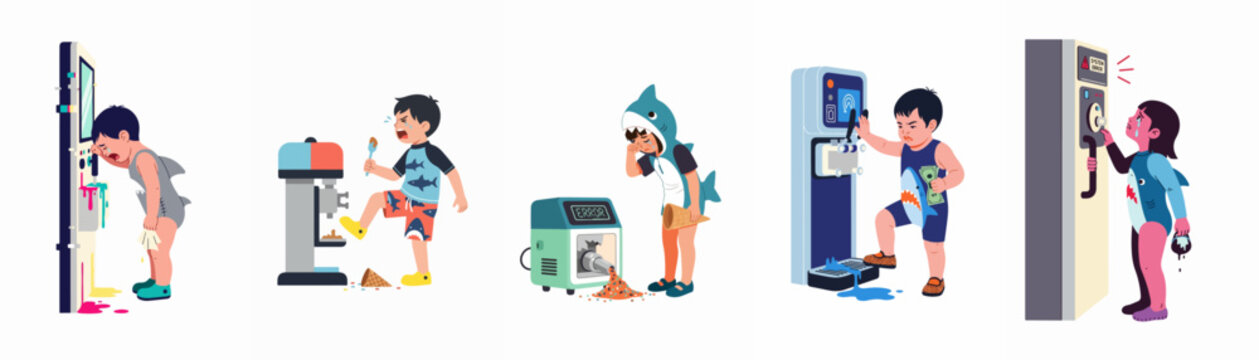 Set of illustrations depicting a young child's frustration and sadness when encountering broken vending machines and dispensers in a shark themed swimsuit.
