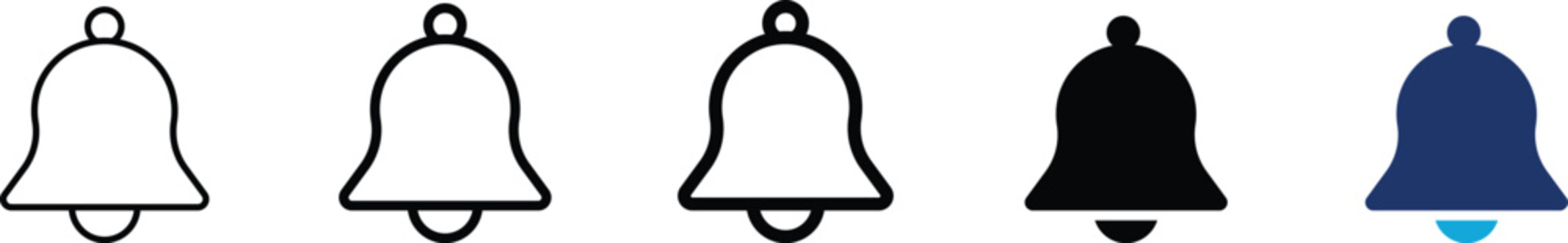 Notification bell icon set showing professional alarm alert with clapper for system message incoming chat subscription update reminder chime and corporate calendar deadline event