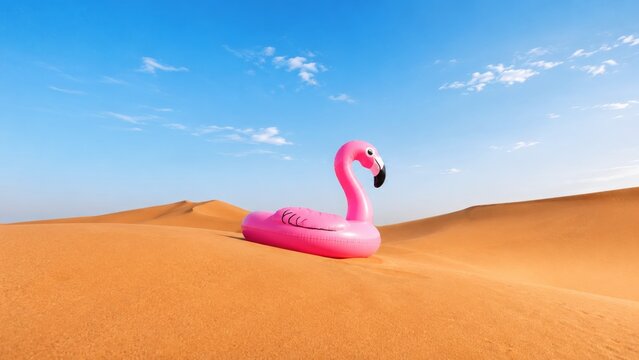 Inflatable Flamingo Float on Desert Sand Dune Under Blue Sky, Minimal Summer Vacation Concept