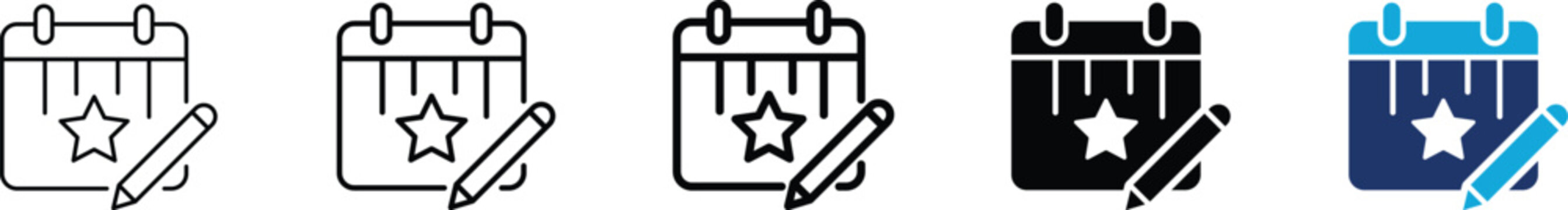 Event planning icon set showing professional calendar schedule with star marked day and pencil for timeline booking corporate appointment manager party coordinator and task reminder