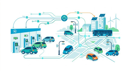 Obraz premium Illustration of a smart city grid with electric cars charging at a station and autonomous vehicles navigating roads, powered by solar energy and wind turbines