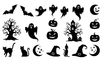 Fototapeta premium Halloween Silhouette Vector Set Spooky Bats Ghosts Pumpkins and Haunted Elements Collection Isolated on White Background