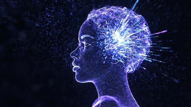 Woman silhouette composed of glowing particles represents the complexity of human thought and artificial intelligence connectivity.
