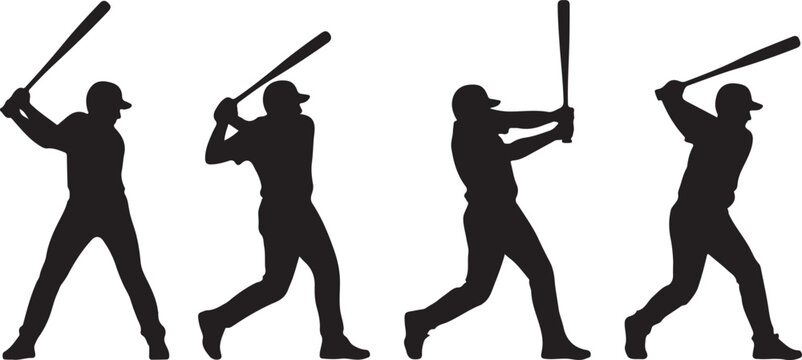 Baseball player batting sequence silhouettes isolated on white background