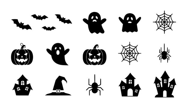 Minimal Halloween Silhouette Icon Set Vector Collection Black Spooky Elements for Modern Design Isolated White Background
