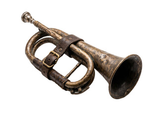 Obraz premium Vintage Brass Bugle with Leather Strap Isolated on White.