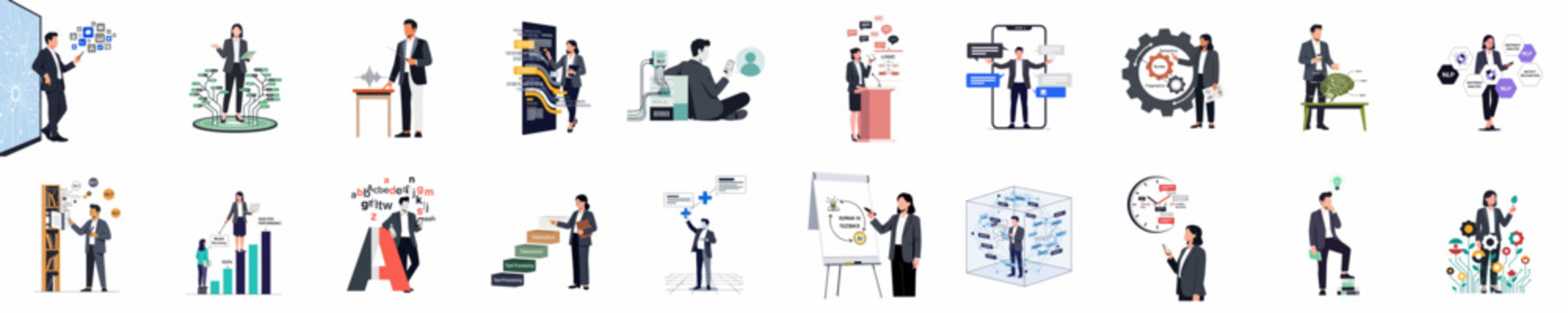 Collection of flat vector illustrations depicting business professionals interacting with artificial intelligence, natural language processing, data analytics, and modern technology concepts.