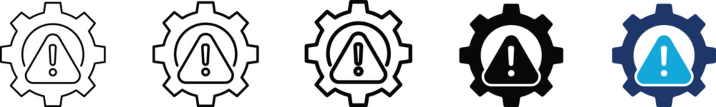 Risk management icon set showing professional warning alert triangle with exclamation mark inside gear wheel for industrial hazard control system error and security prevention