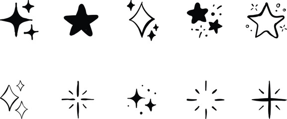 Sparkle icon set showing professional hand drawn star doodle elements with magical twinkling burst shapes for decorative celebration graphic styling and festive rating symbols © Shahar
