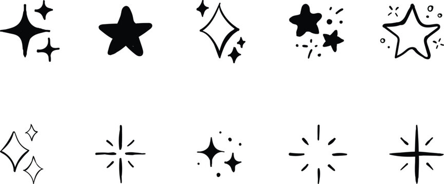 Sparkle icon set showing professional hand drawn star doodle elements with magical twinkling burst shapes for decorative celebration graphic styling and festive rating symbols
