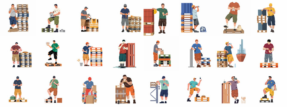 Collection of Warehouse Workers and Construction Laborers Taking Lunch Breaks, Eating, and Resting Near Wooden Pallets, Flat Vector Illustrations Set