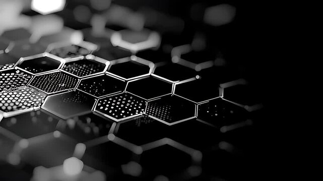 Abstract background with glowing hexagonal shapes and digital data structures.