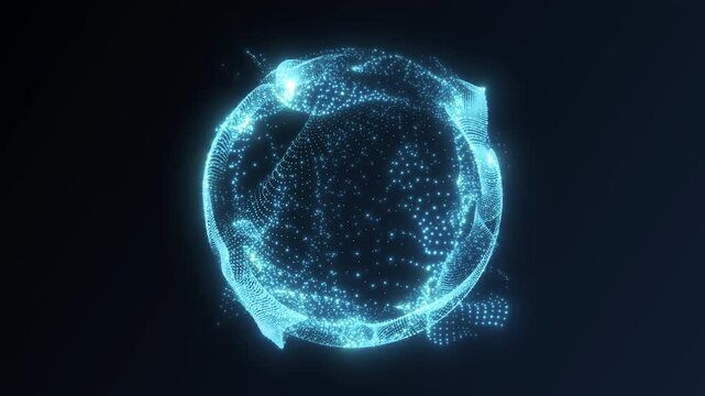 Cyan particle energy ring with bright digital dots and soft glowing waves on dark background, futuristic abstract portal for tech visuals, VJ loops, and motion design.