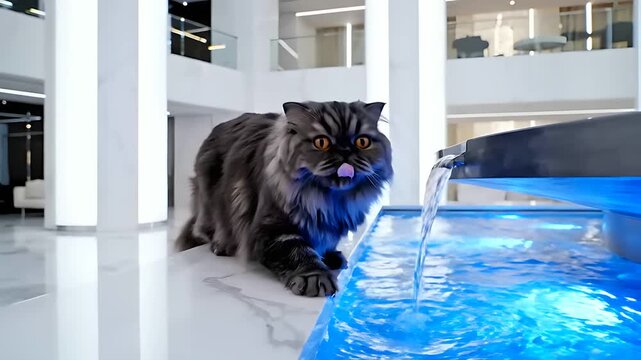 Fluffy gray cat investigates a modern indoor water fountain with its paw. Long-haired feline exploring blue illuminated water in a luxury minimalist lobby. Pet curiosity and hydration concept.