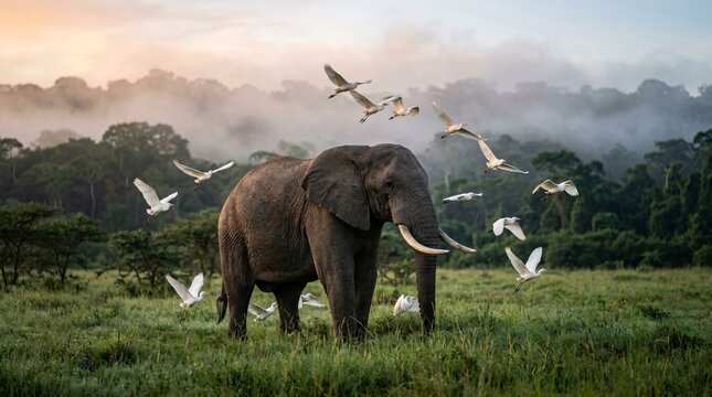 Majestic adult African elephant stands proudly in a lush green savannah field while a graceful flock of white egrets flies actively around.