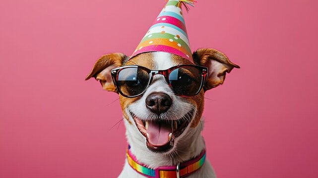 Cute dog wearing party hat and glasses on a bright pink background, creating a fun birthday celebration concept.