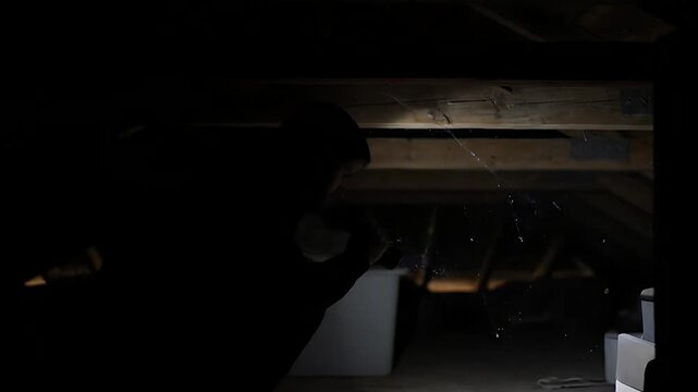 Silhouette of a man using a flashlight to inspect a dark attic crawlspace. Home inspector or homeowner searching through wooden rafters and beams. Concept of house maintenance and pest inspection.