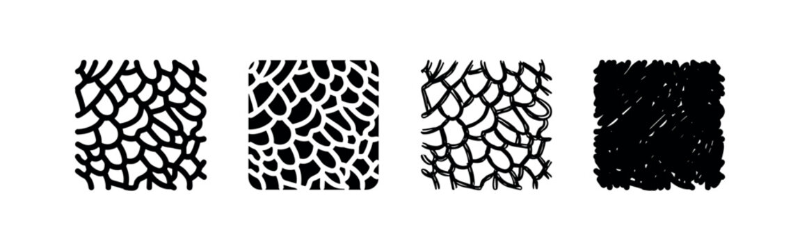 Abstract organic scale pattern icon set in outline, solid, hand-drawn outline, and hand-drawn solid styles, natural texture illustration.
