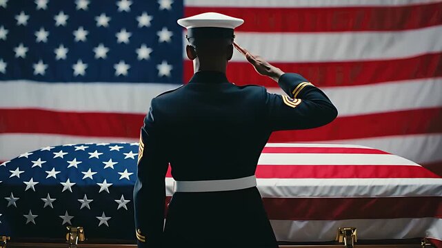 US soldier in dress uniform saluting a flag-draped casket. Military funeral service honoring a fallen hero. Patriotic memorial concept for Veterans Day, Memorial Day, and honor ceremonies.