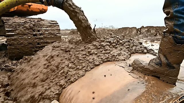 Industrial pump discharging mud and sludge onto a geotextile dewatering bag at a construction site. Excavator and worker oversee the filtration process. Wastewater management and dredging concept.