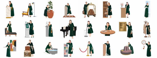 Collection of flat vector illustrations featuring a woman in a dark green dress at various locations within a luxury hotel, isolated on white background. © Sabiqul