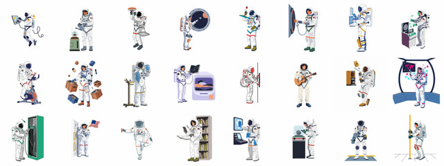 Comprehensive collection of astronaut illustrations depicting daily life and scientific research in space, featuring various activities like gardening, exercising, and working. © Sabiqul