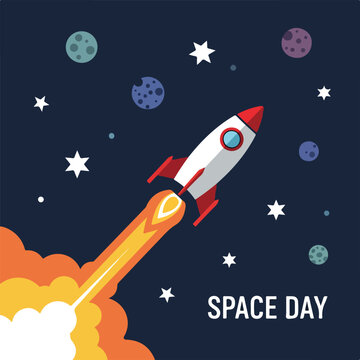 A rocket launching into space with stars and planets