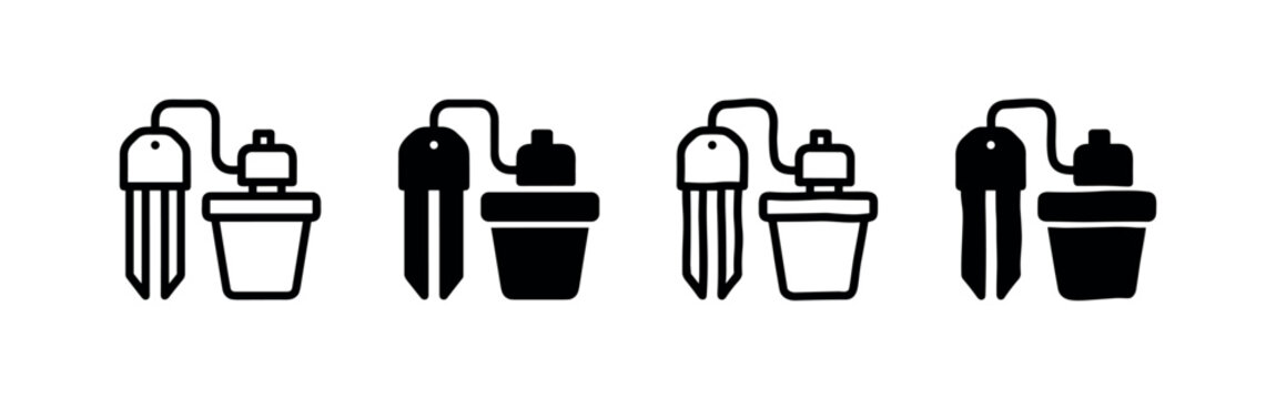 Soil moisture and pH meter icons in a plant pot, presented in outline and solid styles