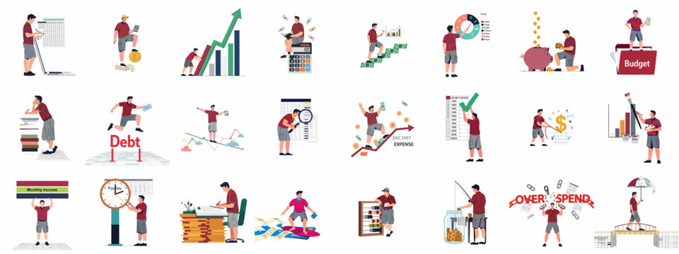 Collection of illustrations depicting a man managing personal finances, including budgeting, saving, debt reduction, and investment planning for financial success.