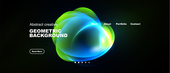 Obraz premium Dark background features vibrant abstract shapes. Text elements include work, about, portfolio, contact, read more. Modern design aesthetic.