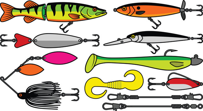 Freshwater Fishing Lure Collection with Crankbaits, Spinnerbaits, Soft Plastic Baits, Spoons, Swivels, and Professional Angling Accessories