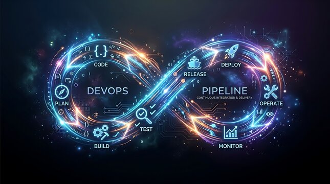 DevOps infinity loop illustration symbolizing continuous integration and delivery pipeline with code build test release deploy and monitor icons