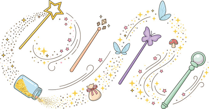 Magical Fairy Wand Collection with Sparkling Stars, Butterflies, Enchanted Dust, Crystal Orbs, and Whimsical Fantasy Elements