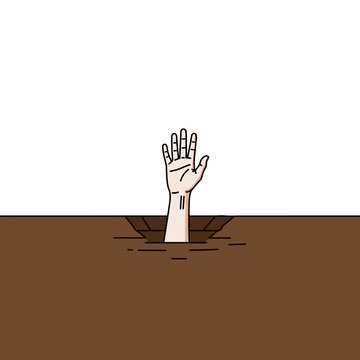 Human hand reaching up from brown dirt, danger vector theme, person in trouble or distress, symbol of needing help or rescue