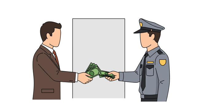 Corrupt officer in uniform accepting bribe money from businessman, bribery and corruption concept, illegal transaction illustration