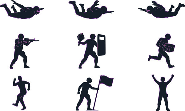Military and Adventure Silhouette Icon Set Featuring Skydiving, Tactical Operations, Riot Control, Running, Exploration, and Victory Poses