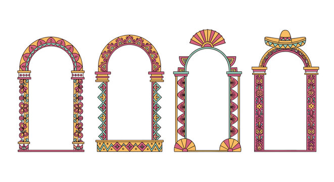 Set of four decorative arch frames with geometric patterns and colorful ethnic motifs, vector graphic illustration